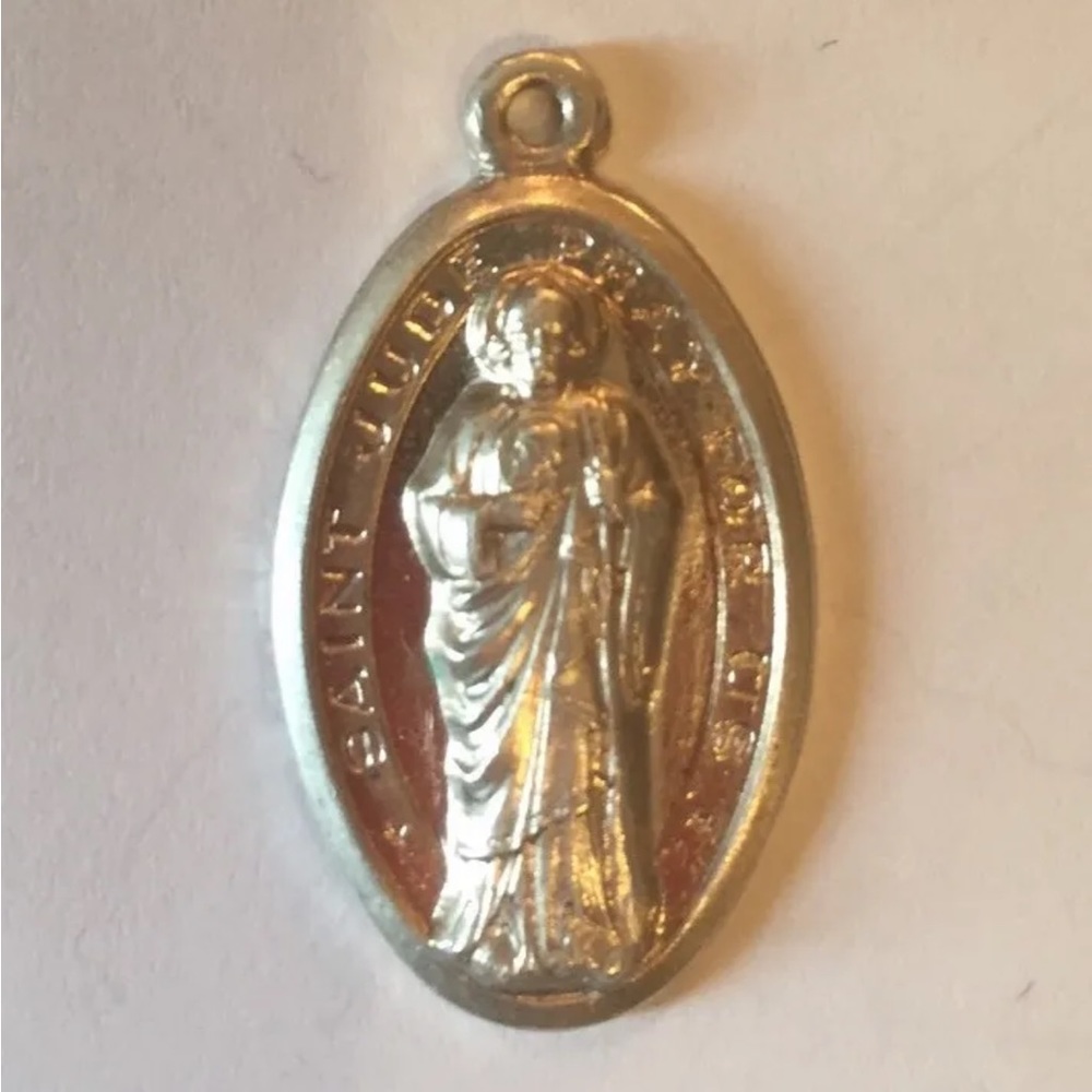 STERLING SILVER Antique Saint Jude Pray For Us Medal Oval Pendant Charm